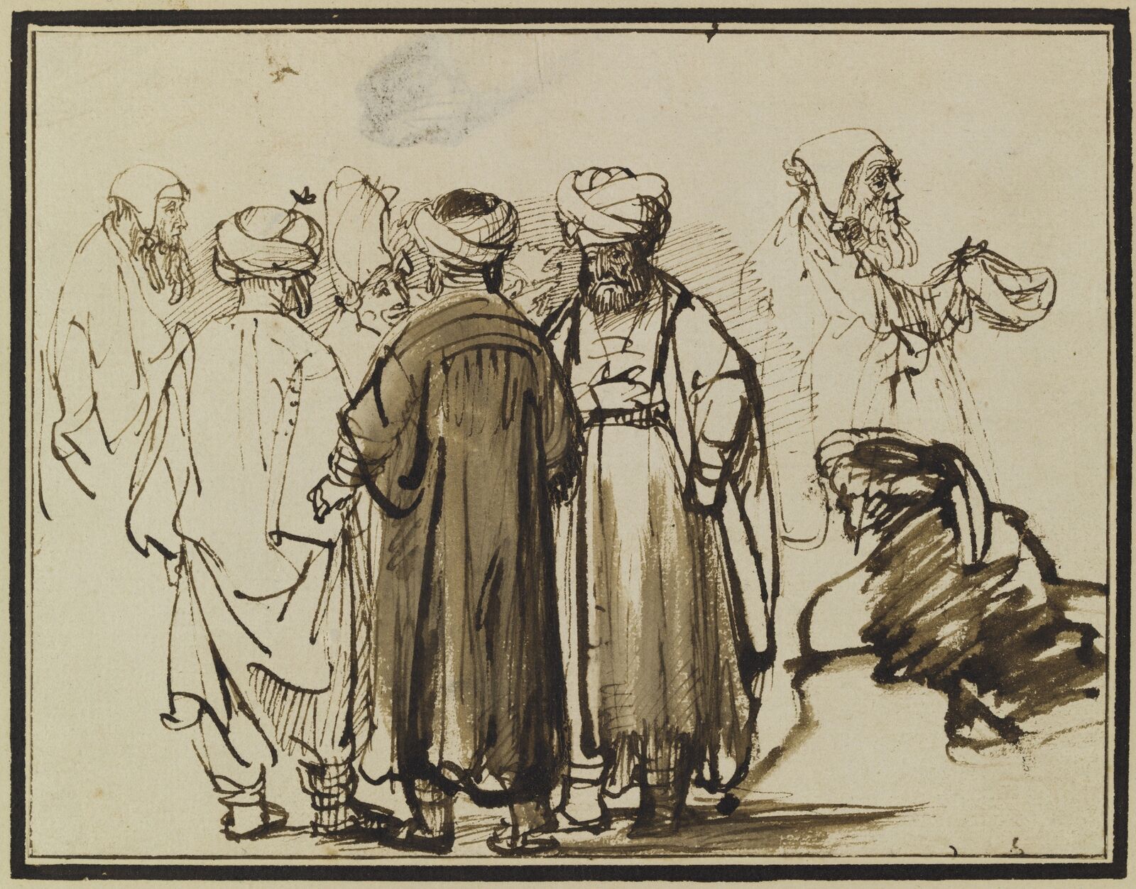 Rembrandt Harmensz van Rijn: Group of Men in Oriental Apparel and Two Half-Length Studies of a Beggar, ca. 1641–42, University of Warsaw Library