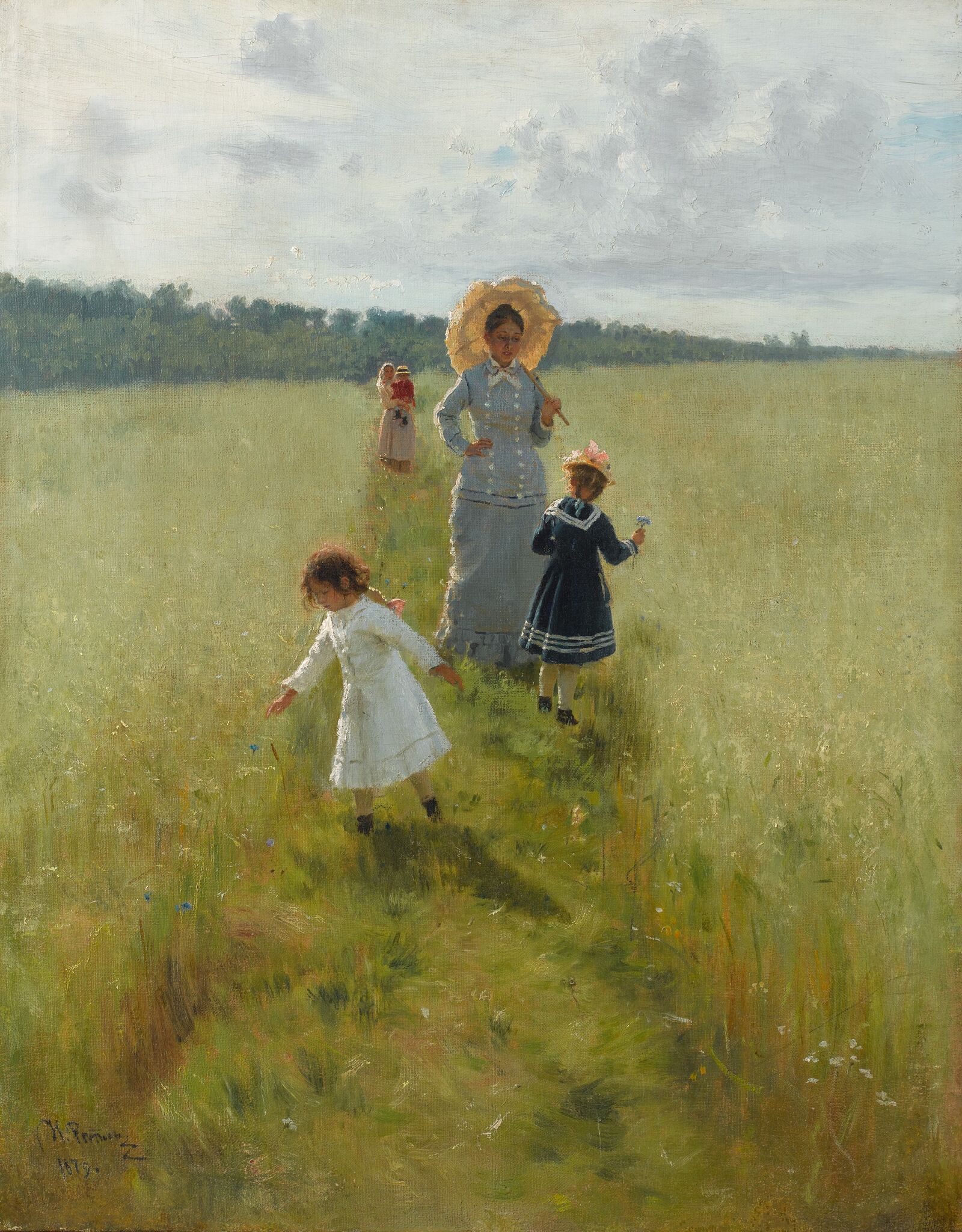 Ilja Repin: Auf dem Feldrain. Vera A. Repina geht mit ihren Kindern über den Feldrain, 1879, Staatliche Tretjakow-Galerie, Moskau