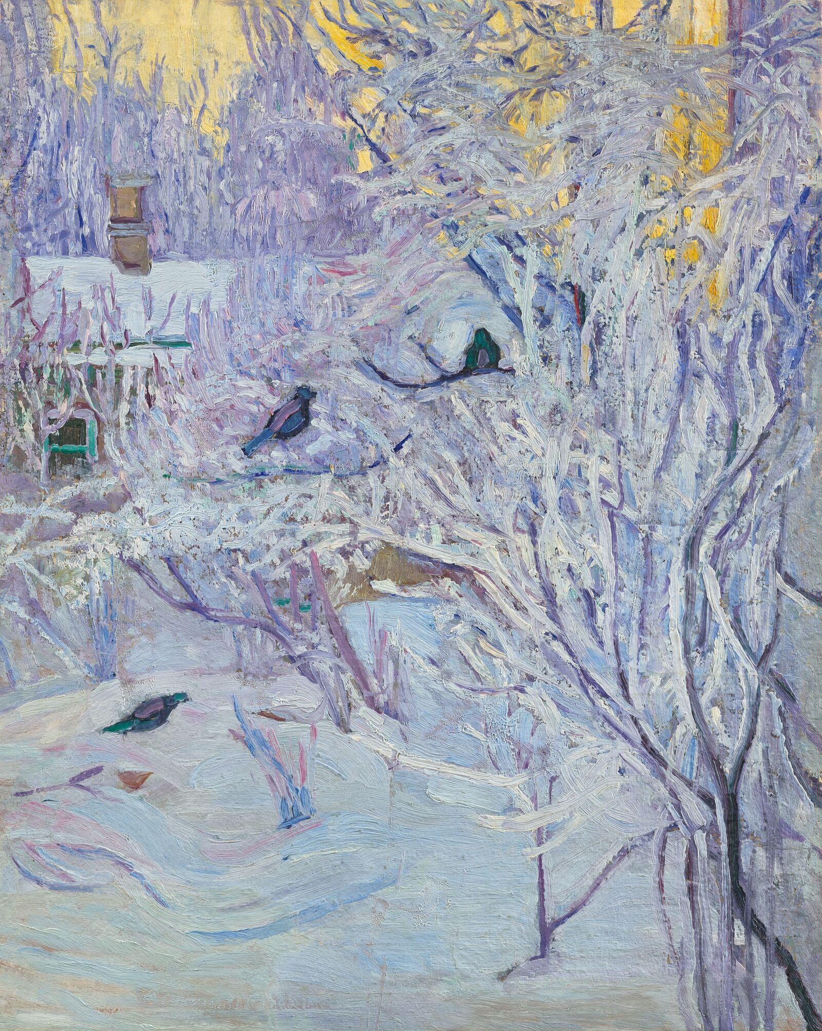 Olga Rosanowa: Winter. Dompfaffen im Baum, 1907/08, Staatliche Tretjakow-Galerie, Moskau