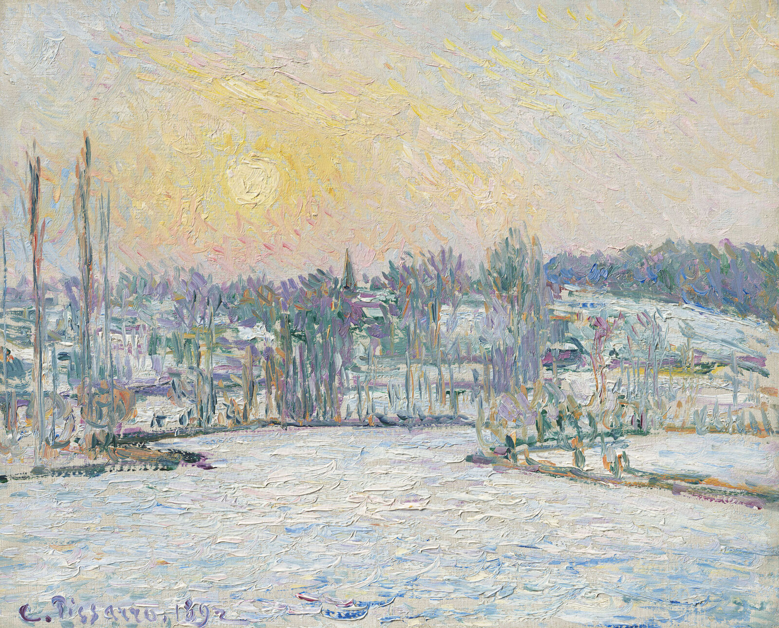 Camille Pissarro: Blick auf Bazincourt, Schnee, Sonnenuntergang, 1892