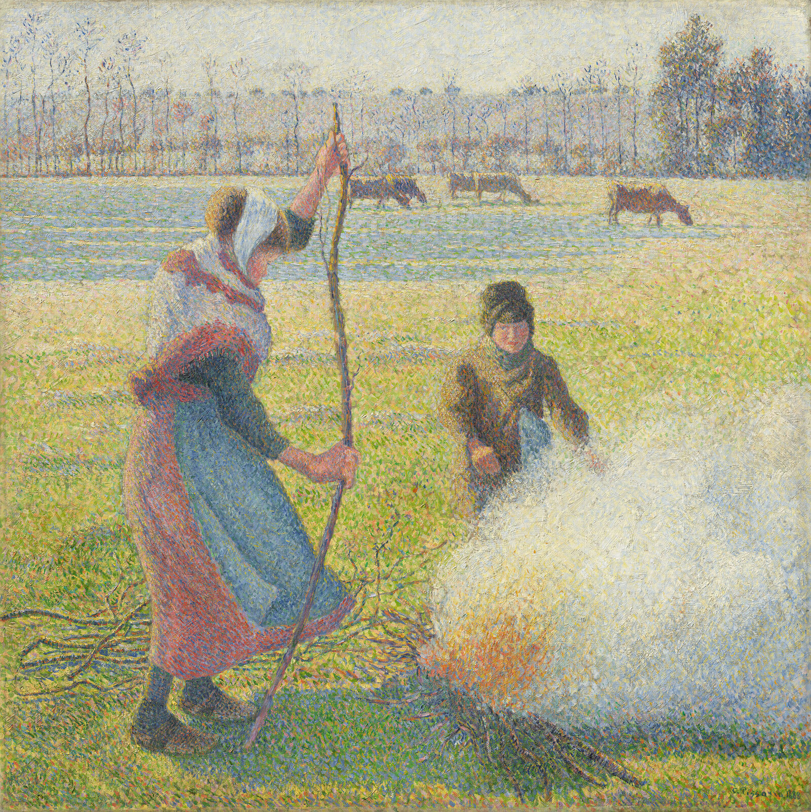 Camille Pissarro: Raureif, eine junge Bäuerin macht Feuer, 1888