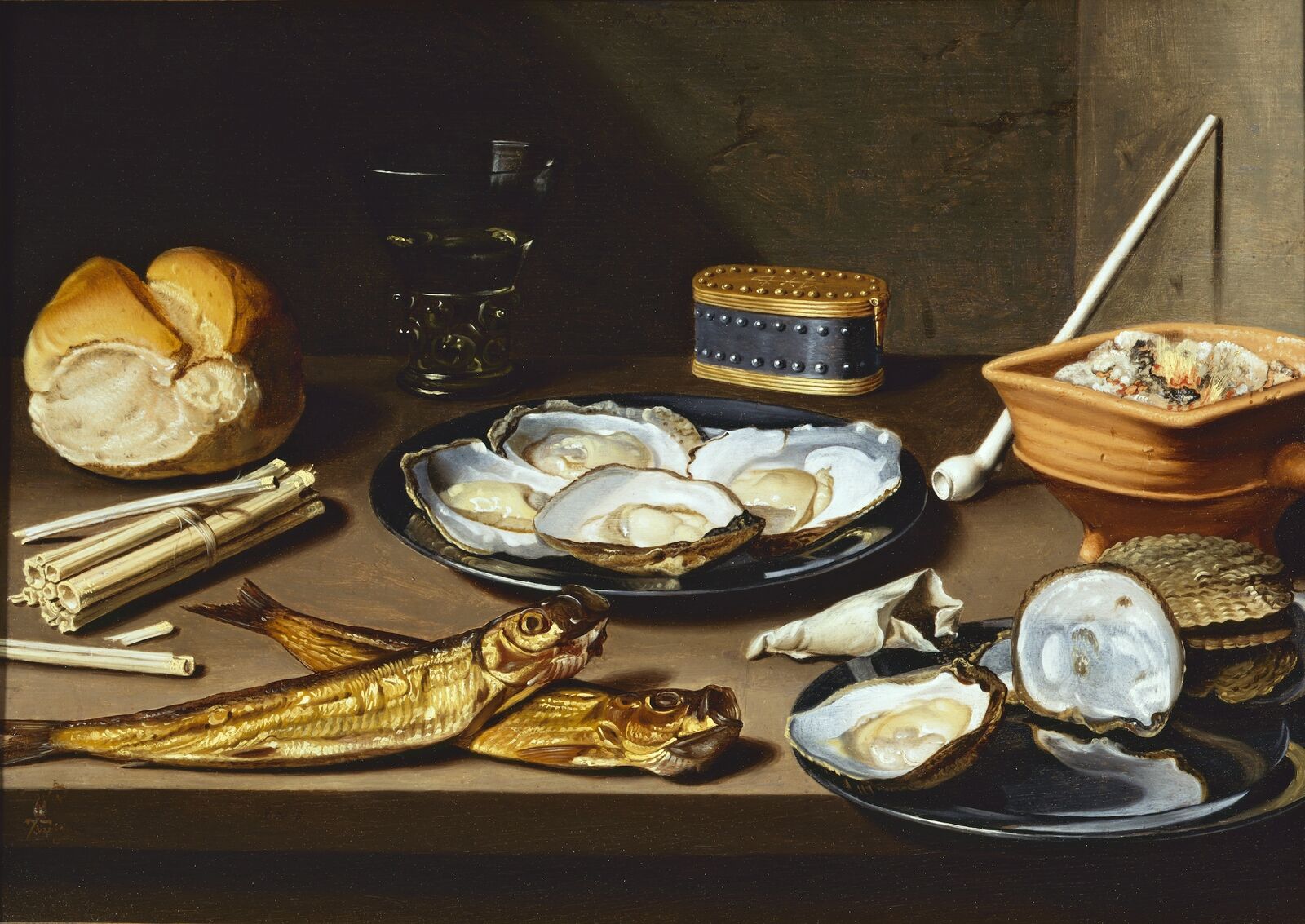 Floris Gerritsz. van Schooten: Stillleben mit Heringen, Austern und Rauchgerät, um 1625, Frans Hals Museum, Haarlem